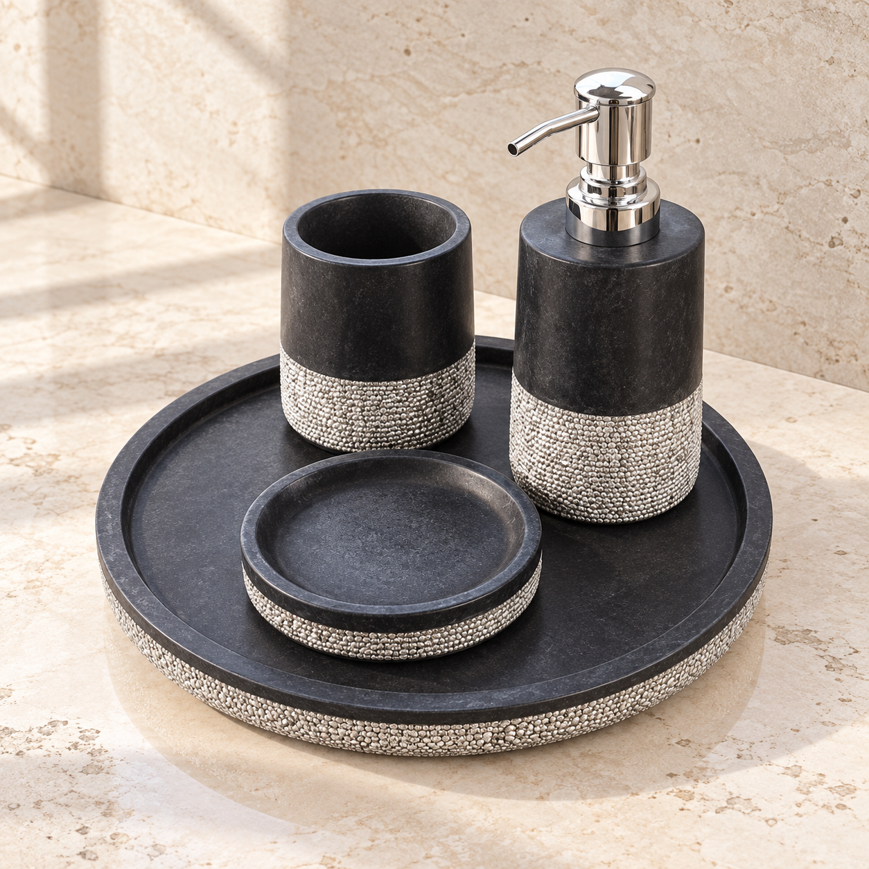 Black marble bathroom set arranged on a round tray