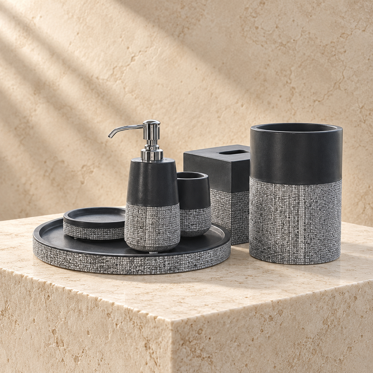 Black marble bathroom collection with dispenser, holders and tray