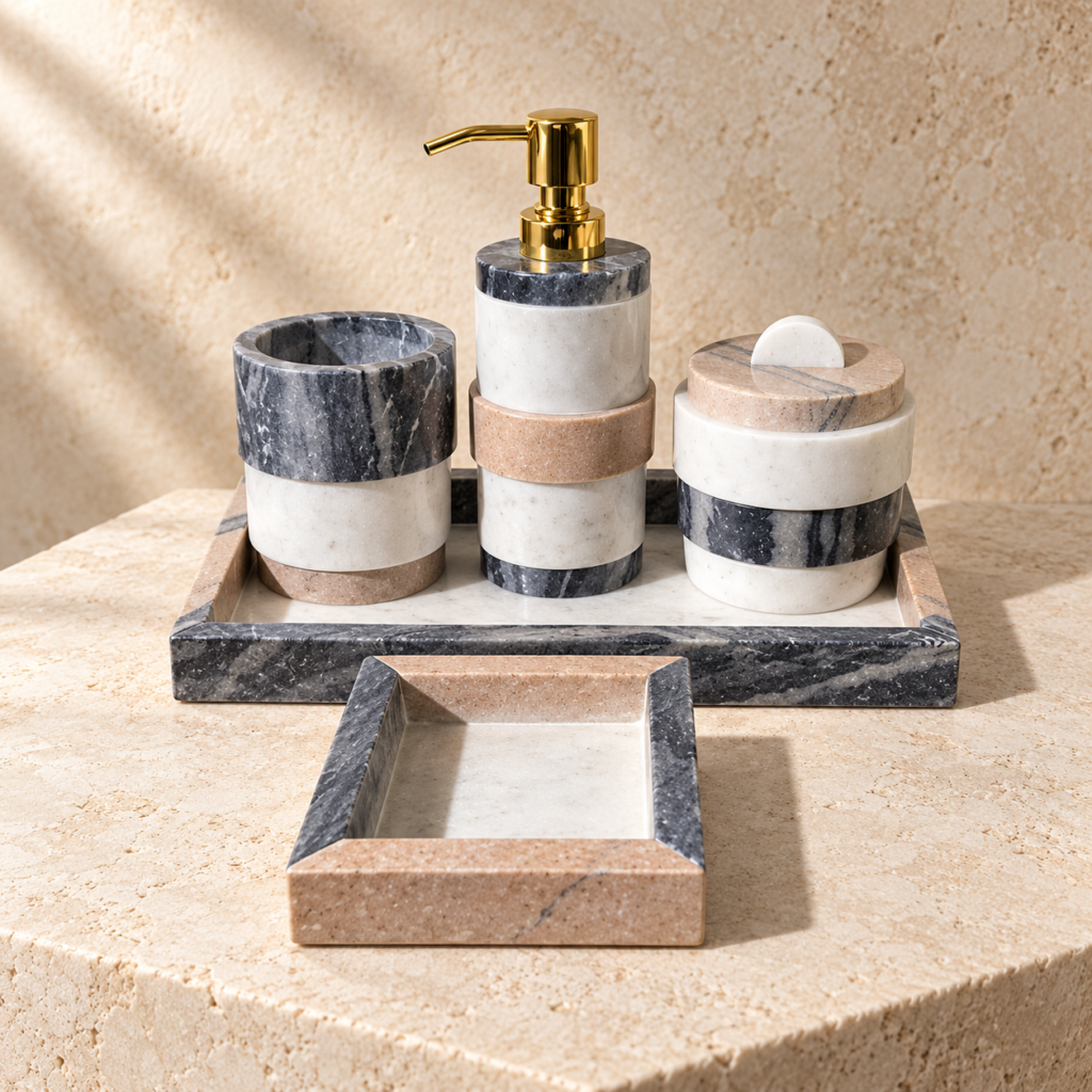 Mixed natural-marble bathroom collection with tray and accessories