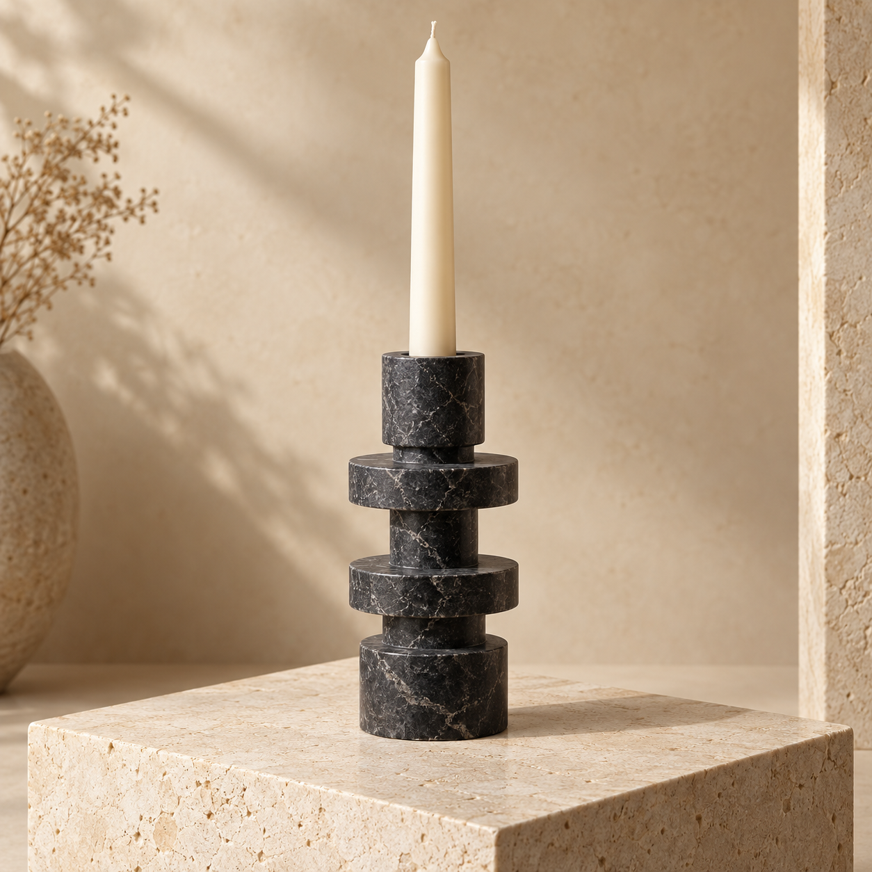 Hard Selwara marble candle holder with ivory taper candle