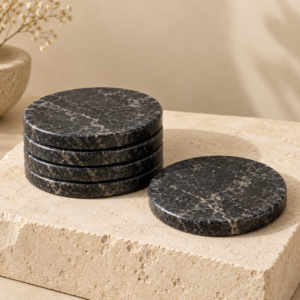 Four Hard Selwara marble tea coasters in a premium neutral setting