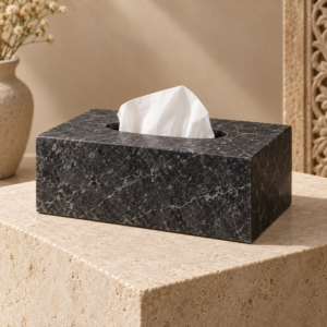Hard Selwara marble tissue box cover in a premium neutral setting