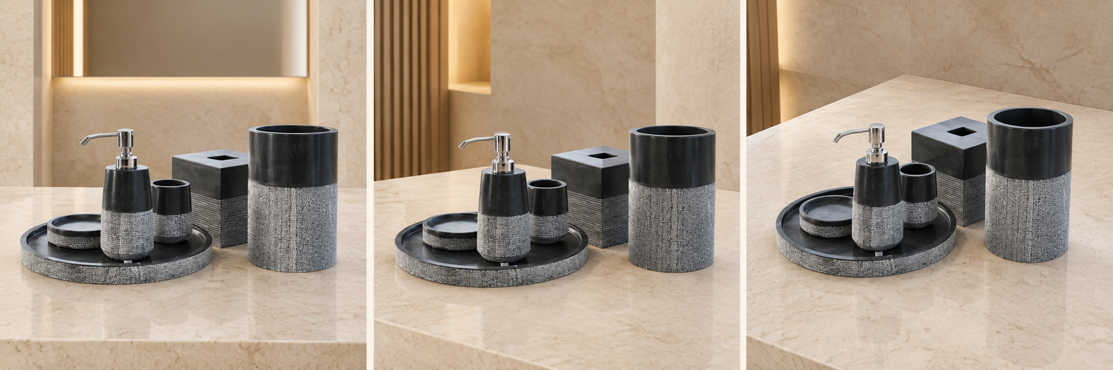 Hard Selwara marble six-piece bathroom set shown from three angles