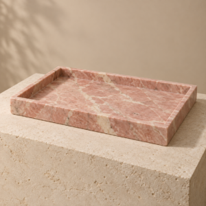 Rectangular Indian pink marble tray in a premium neutral setting