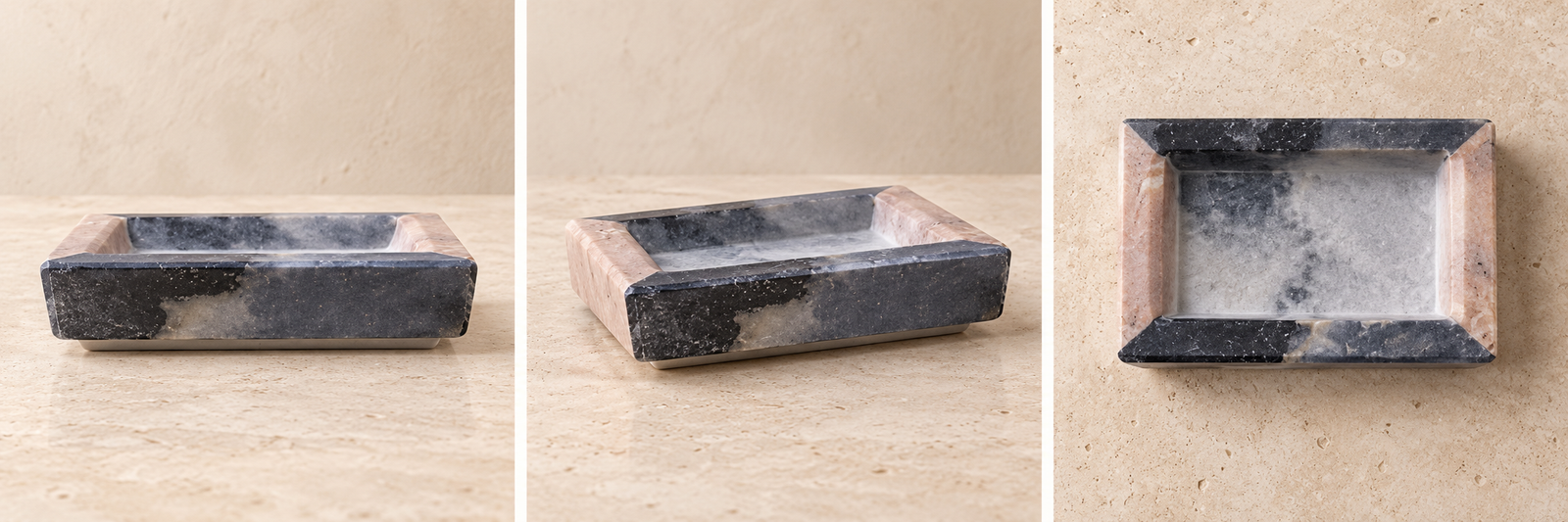 Indian pink marble soap dish shown from three product angles