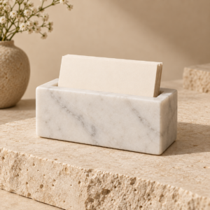 V White marble business card holder with blank cream cards