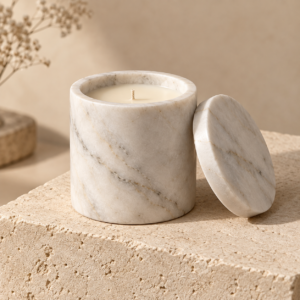 V White marble candle jar with matching lid
