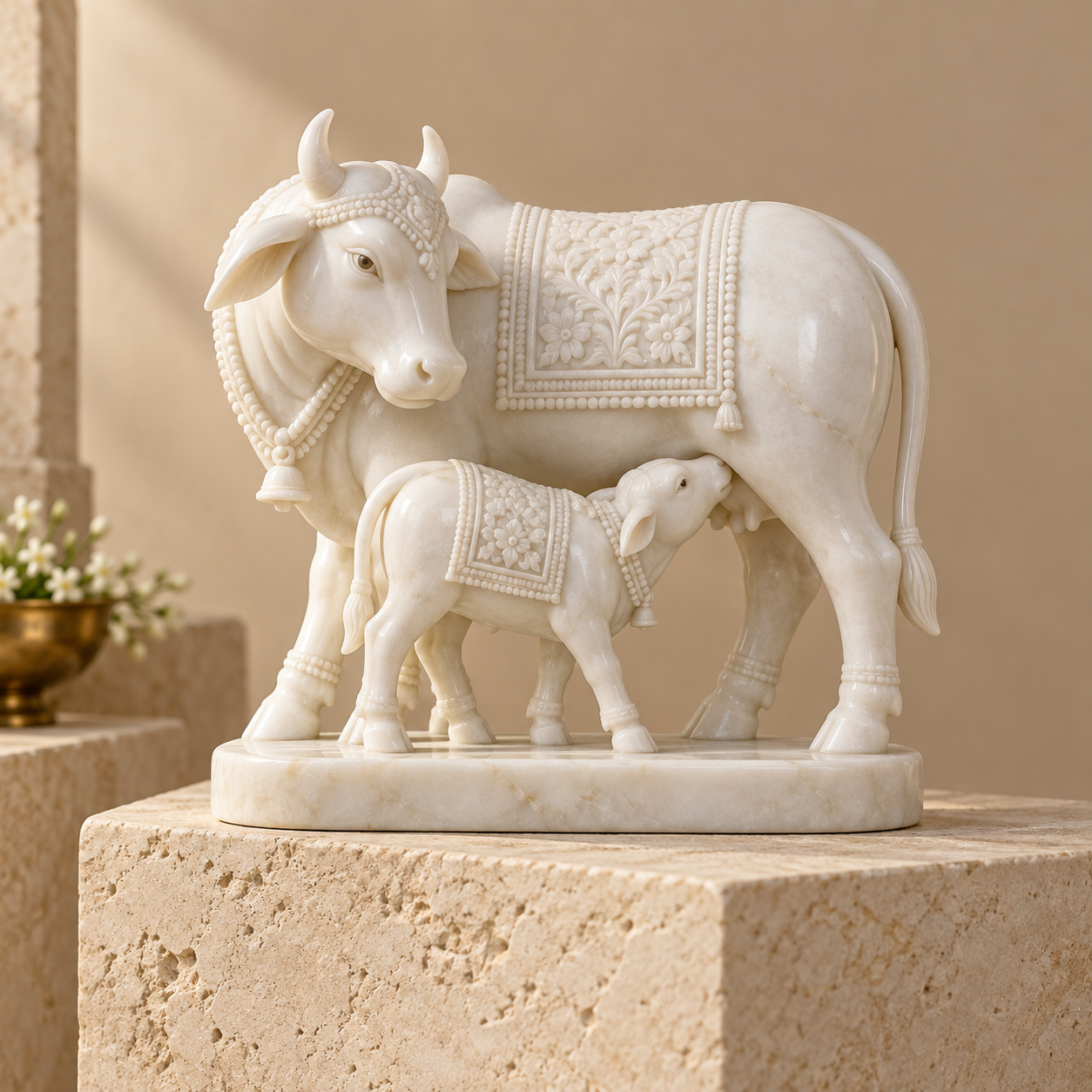 Hand-carved V White marble cow and calf figurine