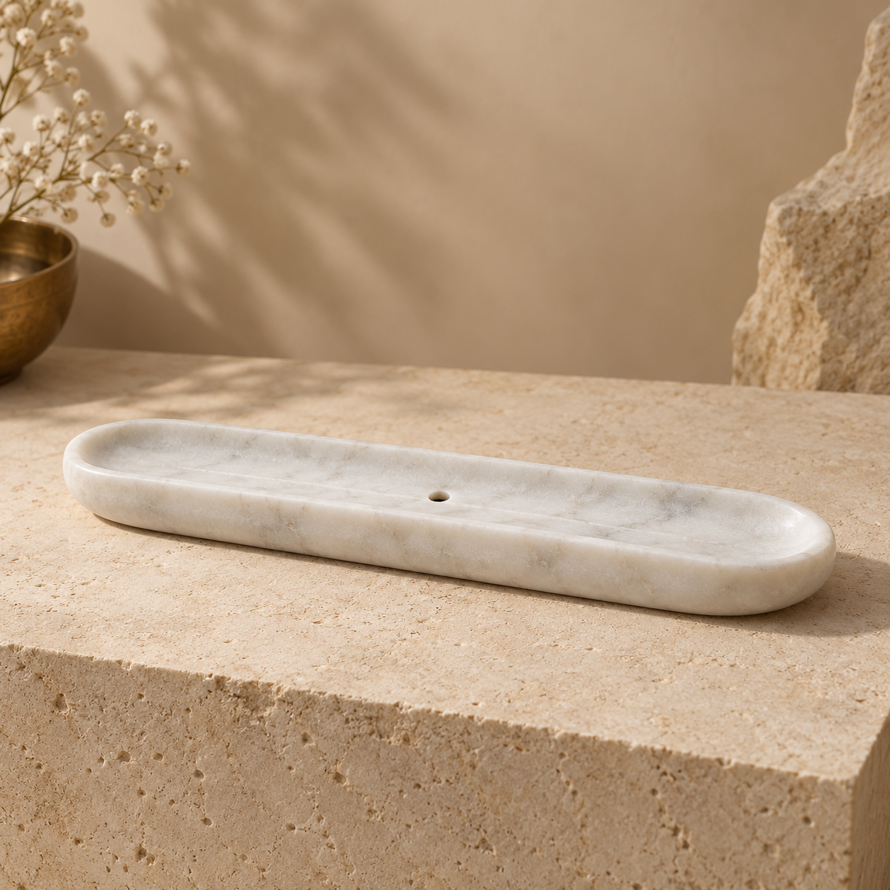 Minimal V White marble incense holder tray