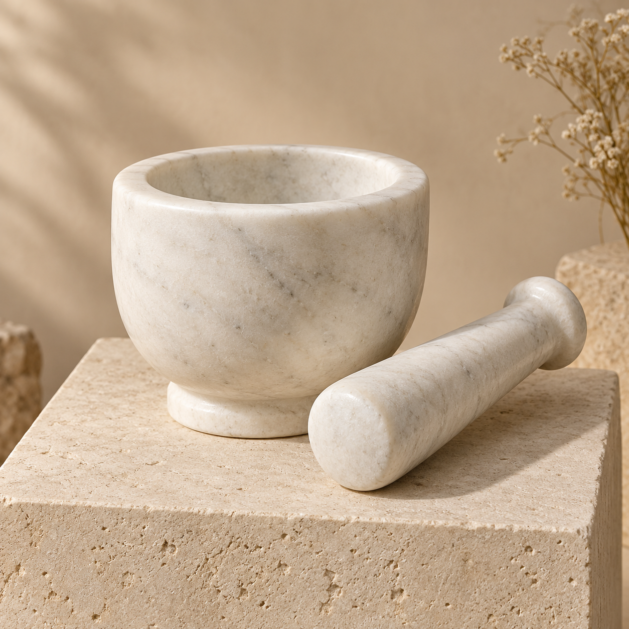 V White marble mortar and pestle in a premium neutral setting