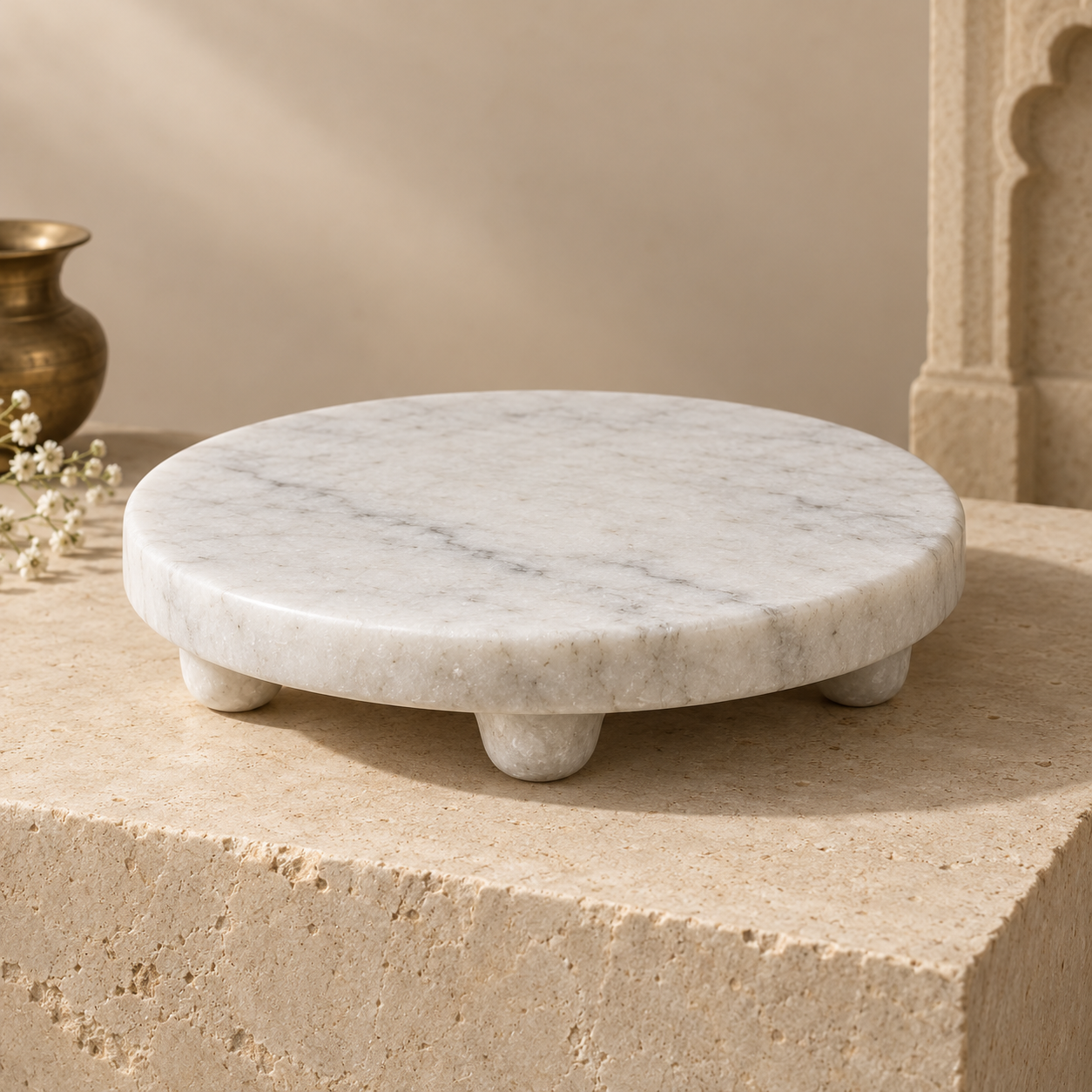 V White marble rolling board with low stone feet
