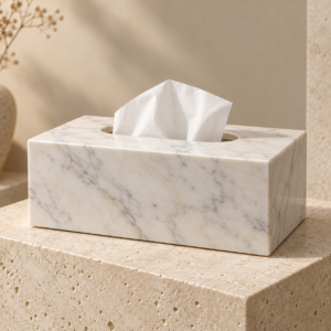 V White marble tissue box cover in a premium neutral setting
