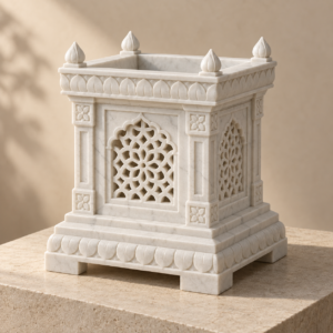 Carved V White marble Tulsi planter with geometric panels