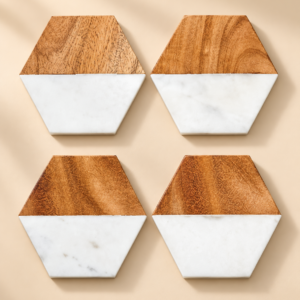 Wood and Marble Coasters — Acacia, set of 4