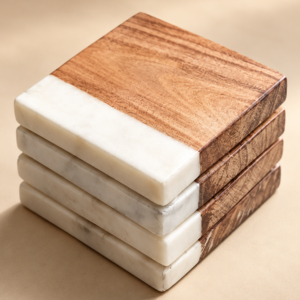 Wood and Marble Tray with Metal Stand — Mango