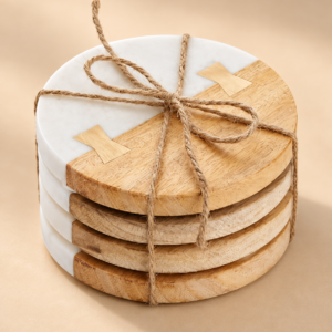 Wood and Marble Chopping Board with Handle — Mango, 14 × 12 in